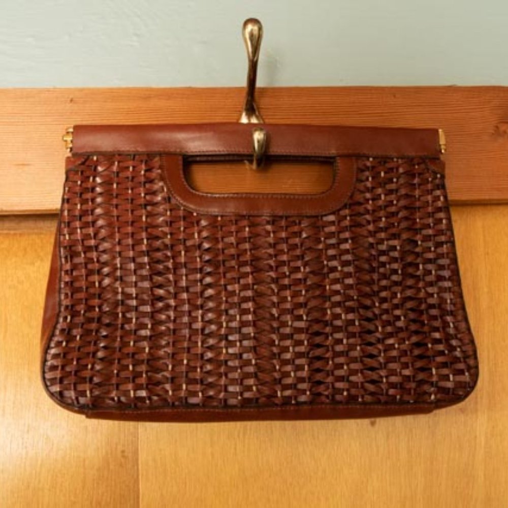 Etienne Aigner Vintage Oxblood Brown Woven Leather w. Gold Chain Strap Clutch